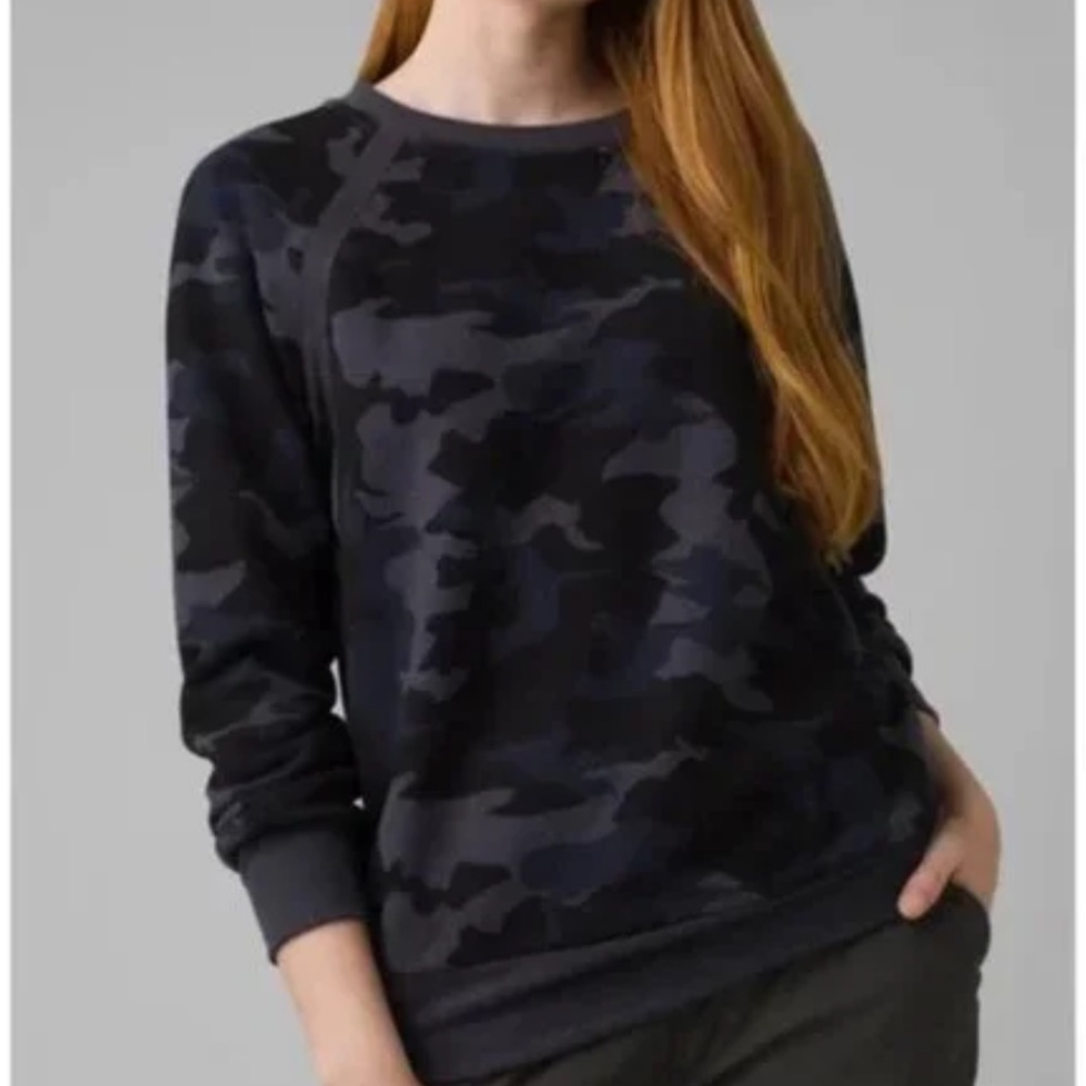 PRANA Hemp Blend Camo Print Blue Gray Crewneck Sweatshirt Size Small